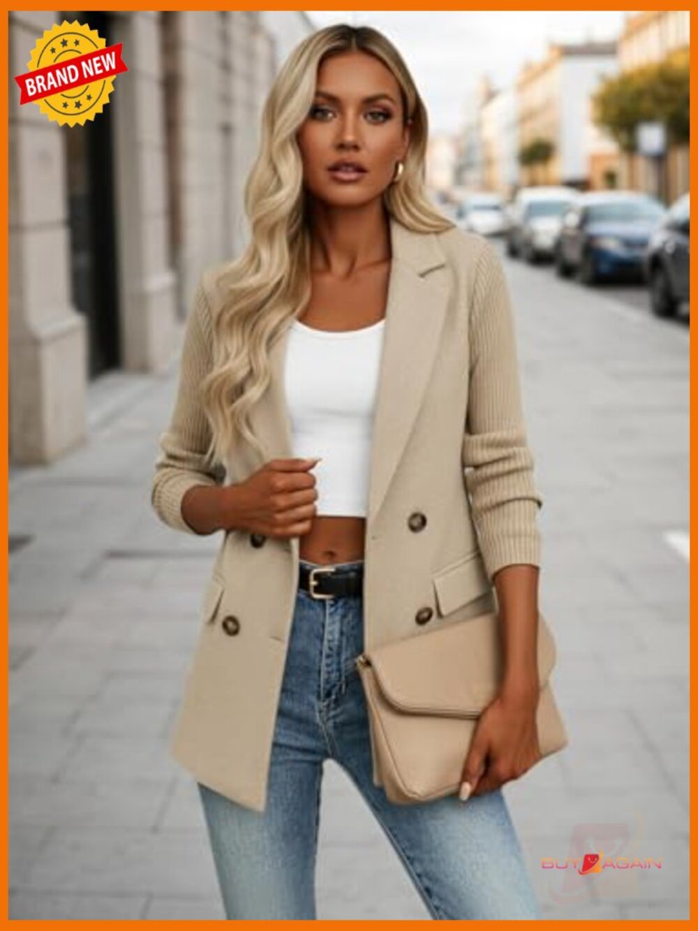 Double-Breasted Knit Sleeve Blazer - Business Casual Work Jacket with Pockets - Picture 5 of 6